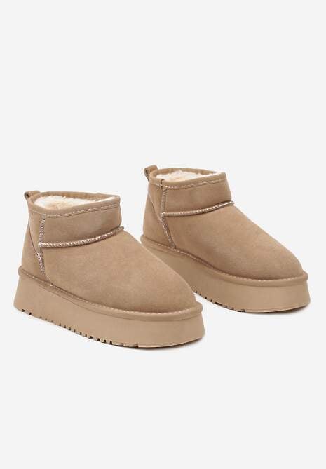 Beżowe Zamszowe Śniegowce na Grubej Podeszwie Mazinae