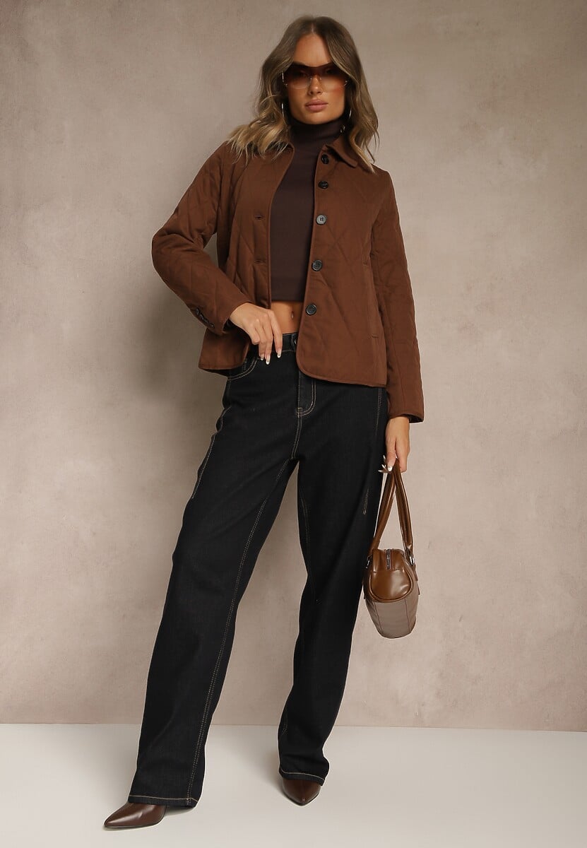 Brązowa Koszulowa Kurtka Ozdobiona Pikowaniem i Pagonami Avadvira