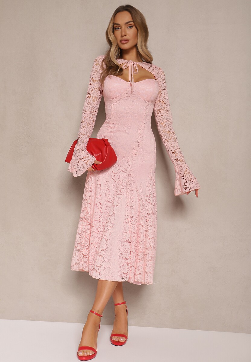 Ciemnoróżowa Rozkloszowana Sukienka z Koronki z Dodatkowym Bolerkiem Gonavora