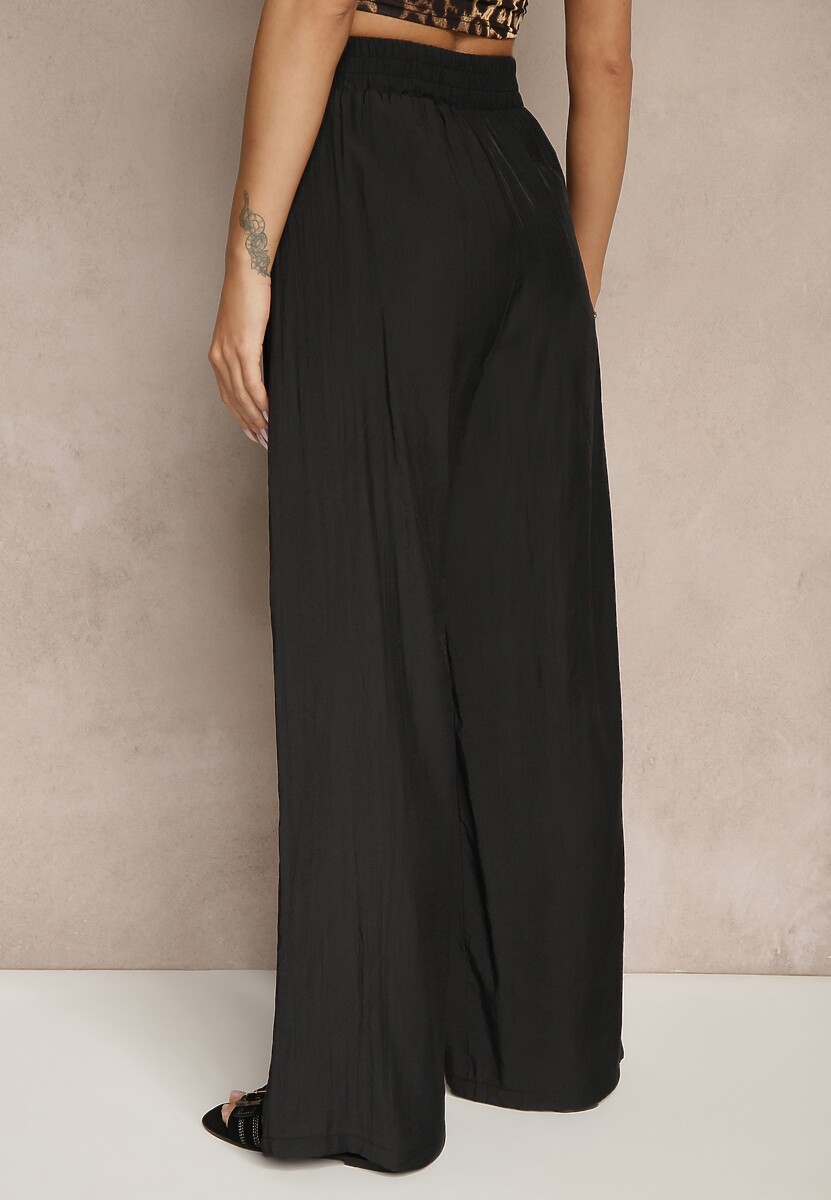 Czarne Spodnie Palazzo High Waist z Szeroką Nogawką i Gumką w Talii Jenarielis