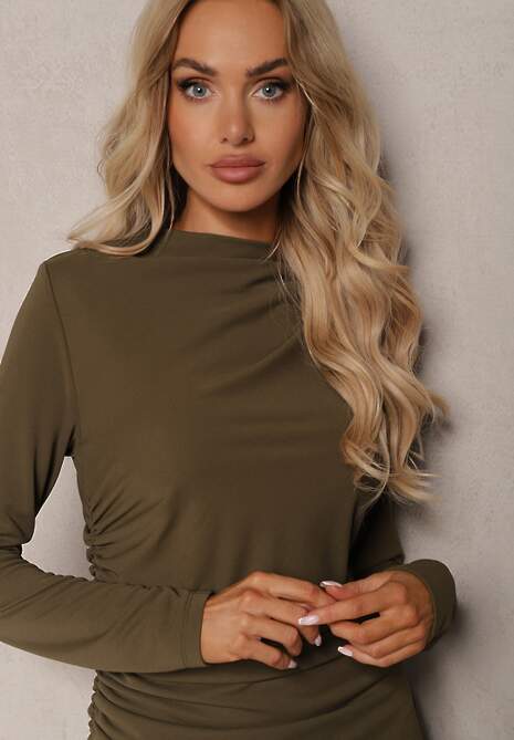 Ciemnozielona Sukienka o Dopasowanym Fasonie z Marszczeniem i Rozcięciem Galariel