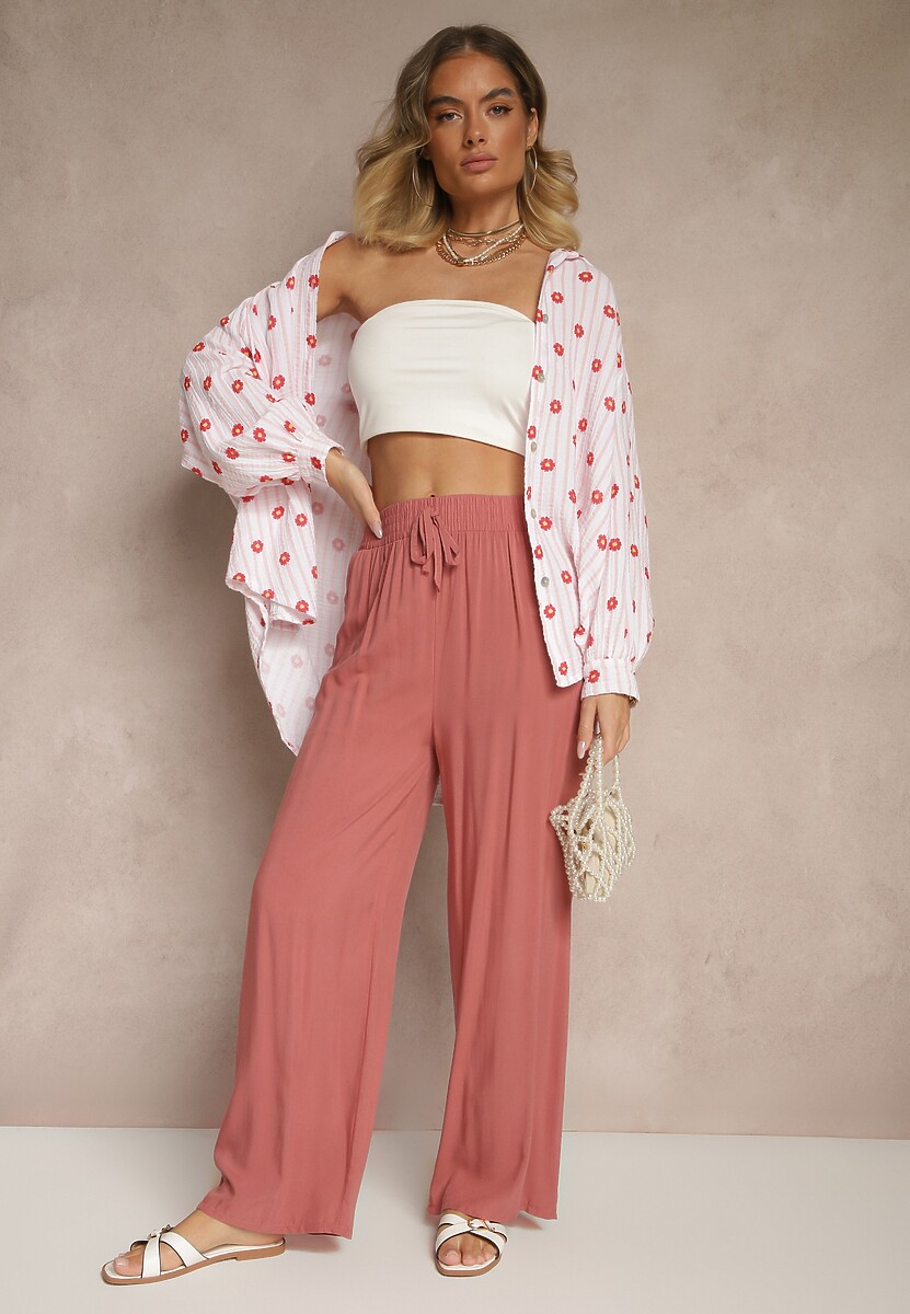 Różowe Szerokie Spodnie z Wiskozy High Waist Naivella