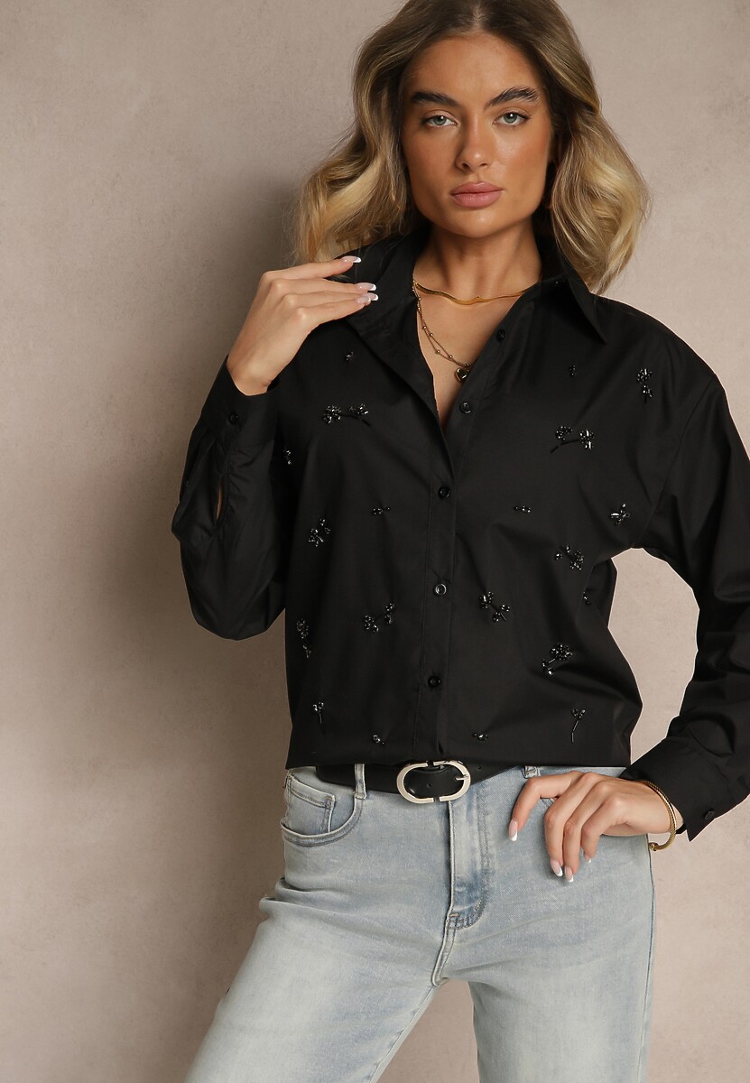 Czarna Bawełniana Koszula Z Ozdobnymi Naszywkami Katirina