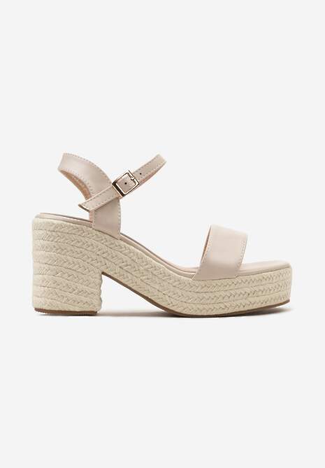 Beżowe Sandały na Słupku i Platformie z Plecionką z Juty Sigarata