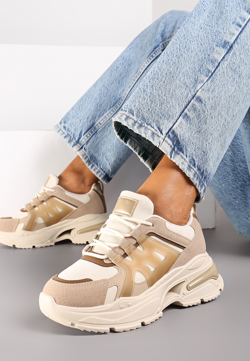 Ciemnobeżowe Sznurowane Sneakersy na Tłoczonej Platformie Nevettine