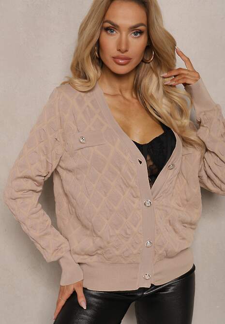 Beżowy Kardigan z Ozdobnymi Guzikami i Ściągaczami Zymira