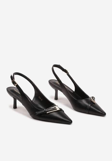 Czarne Sandały na Szpilce Typu Slingback Ozdobione Paskiem z Klamrą Karilen