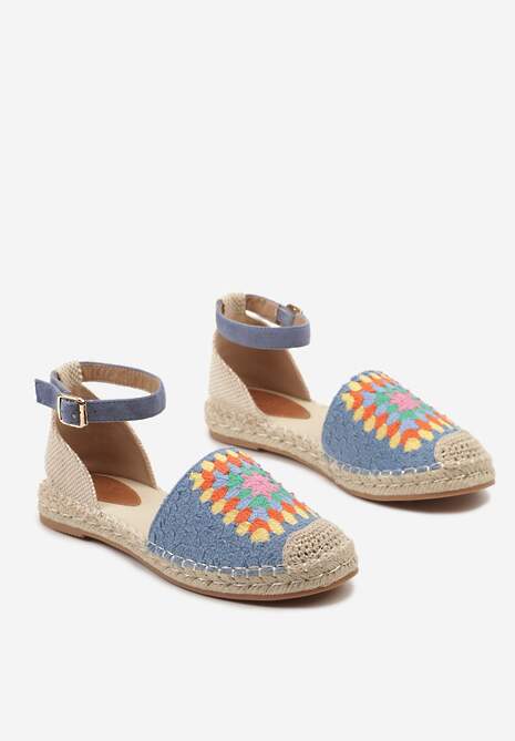 Niebieskie Espadryle na Płaskiej Podeszwie Zapinane na Sprzączkę z Plecioną Podeszwą Laveda