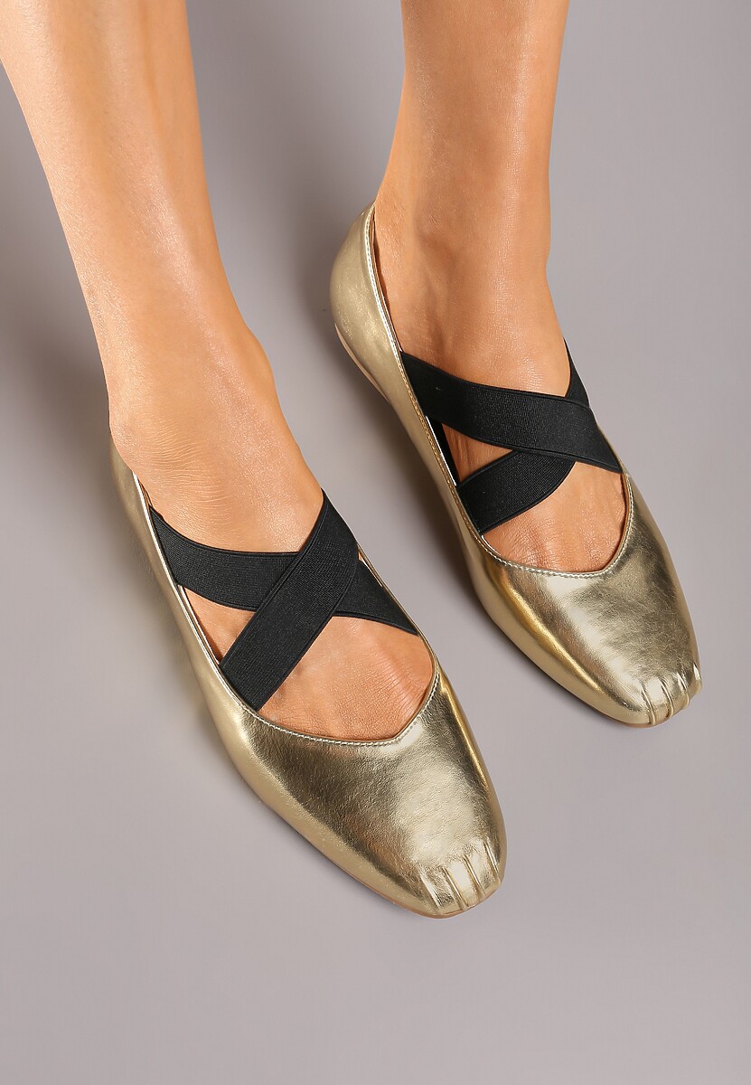 Złote Balerinki na Płaskiej Podeszwie z Gumką Elianora