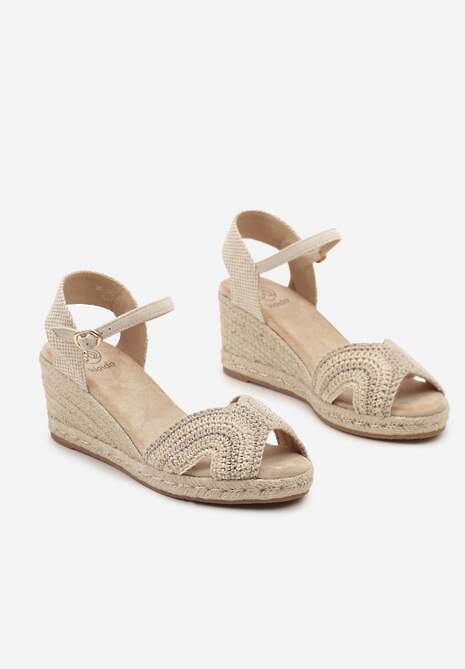 Beżowe Sandały Espadryle z Szydełkowym Noskiem i Plecionym Koturnem Tiimafae