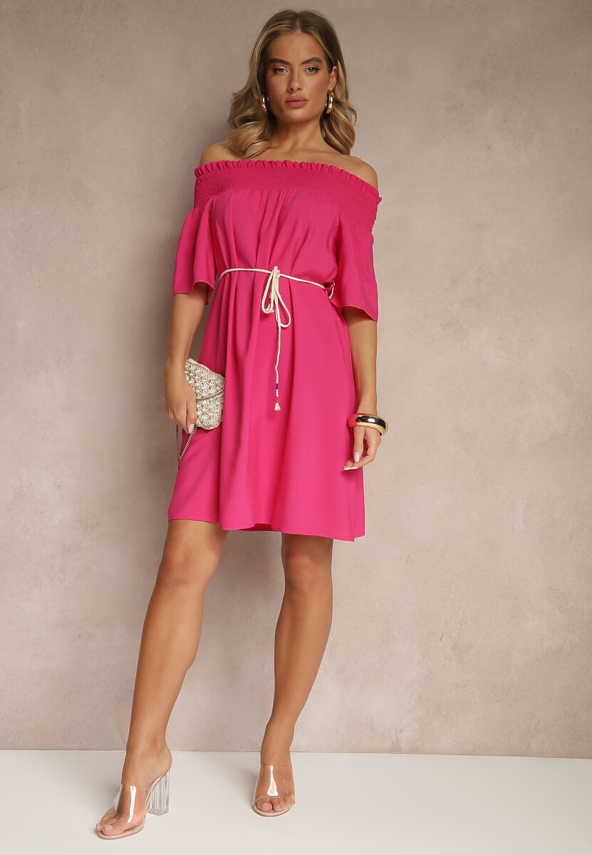 Fuksjowa Sukienka Hiszpanka z Bawełną i Wiskozą Ozdobiona Sznurkiem Lilarelle