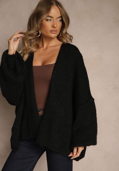 Czarny Niezapinany Kardigan Nietoperzowy z Dodatkiem Wełny i Wiskozy Rallidia