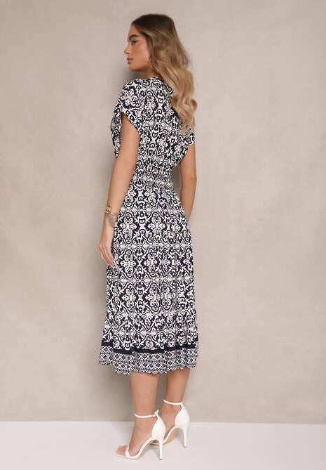 Granatowa Rozkloszowana Sukienka z Bawełny w Print Paisley Lanarisa