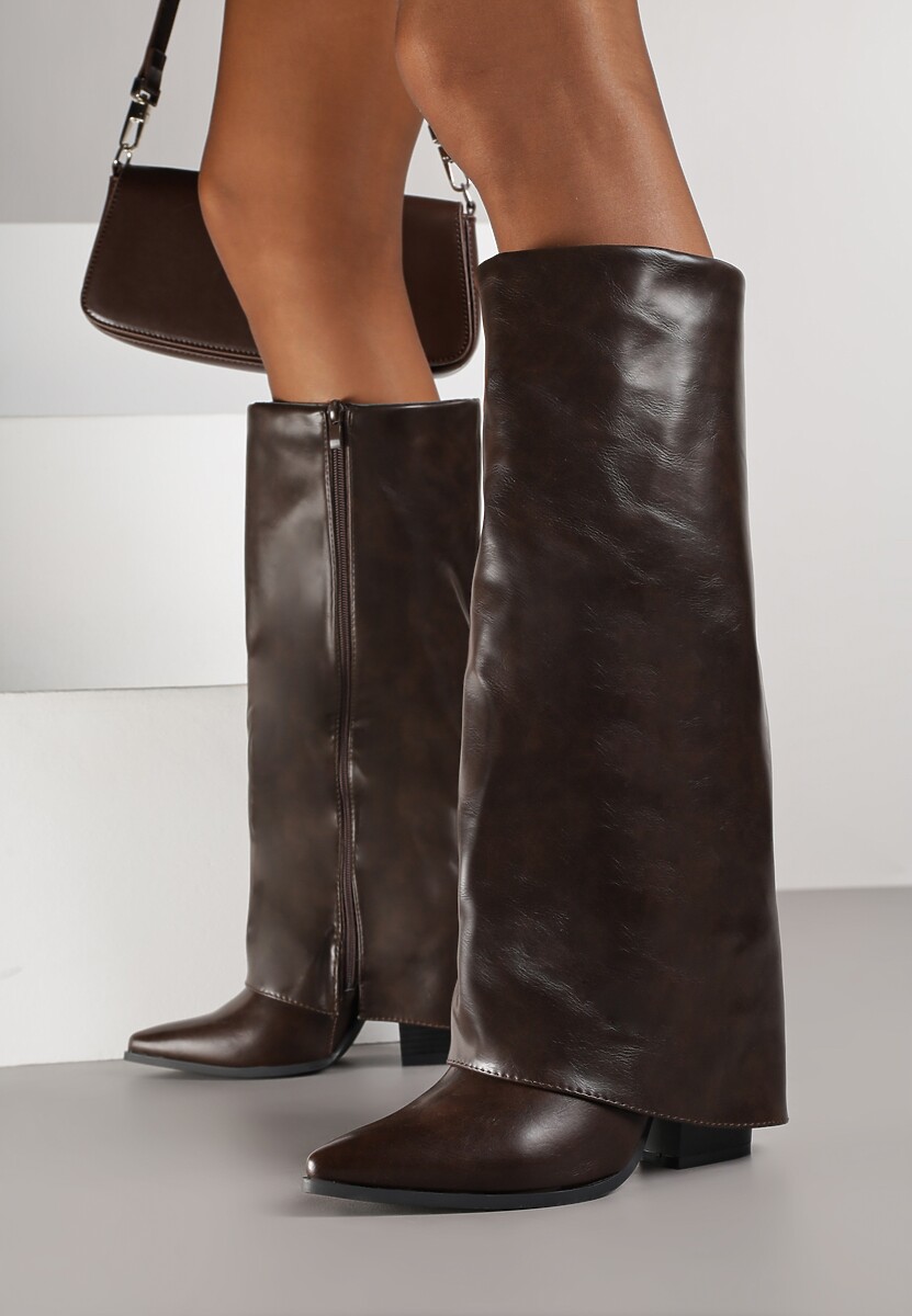 Brązowe Kozaki na Stożkowym Obcasie Ozdobione Wywiniętą Cholewką Nalunisa