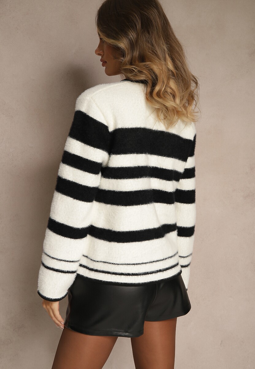 Biało-Czarny Zapinany Kardigan z Wiskozowej Dzianiny w Paski Aiwana