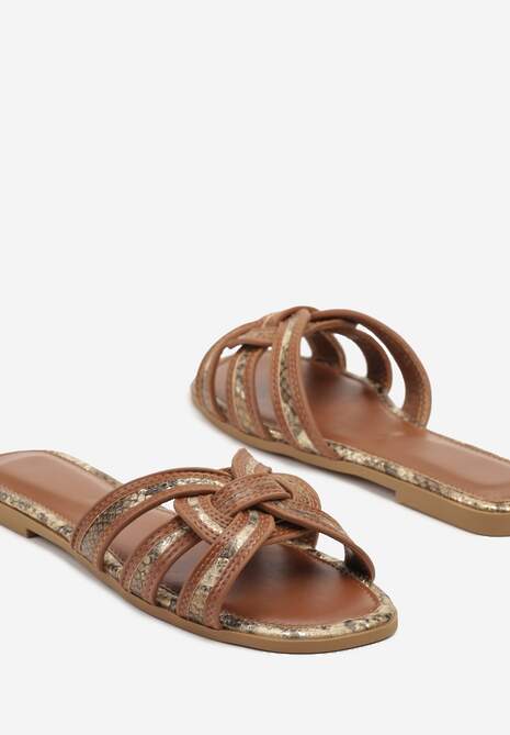 Brązowe Wężowe Klapki Ozdobione Paskami Telonilia