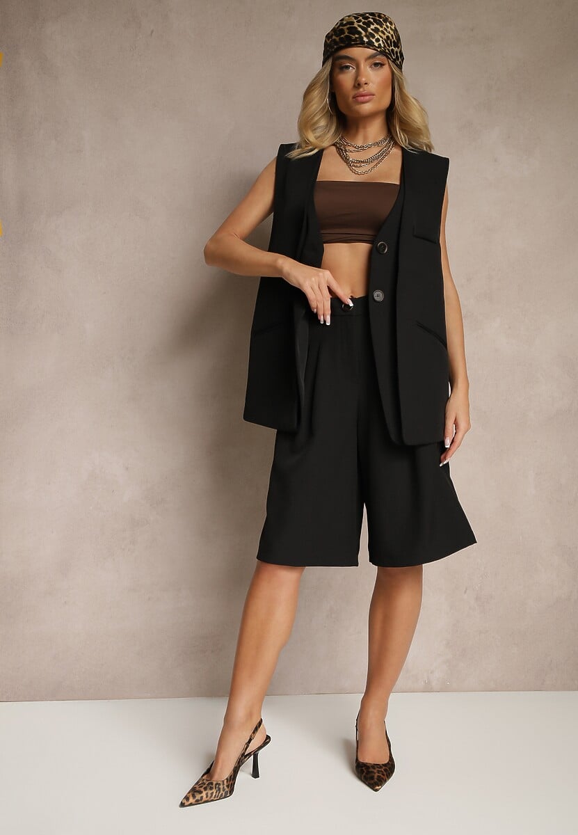 Czarne Szerokie Szorty Typu Bermudy Zdobione Zakładkami Sonellea