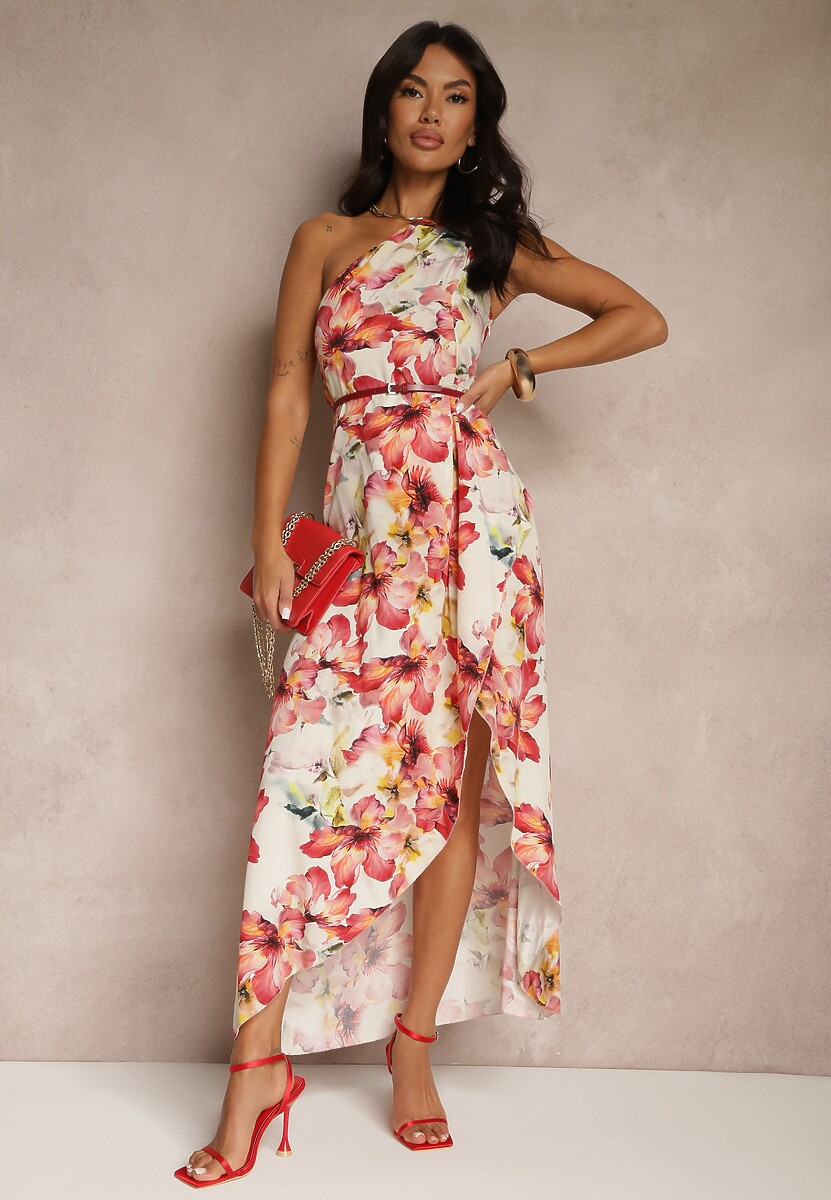 Czerwona Asymetryczna Sukienka z Wiskozy w Kwiaty Linive