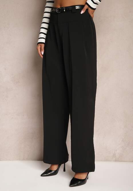 Czarne Szerokie Spodnie Garniturowe z Gumką w Talii Ozdobione Paskiem Verillias
