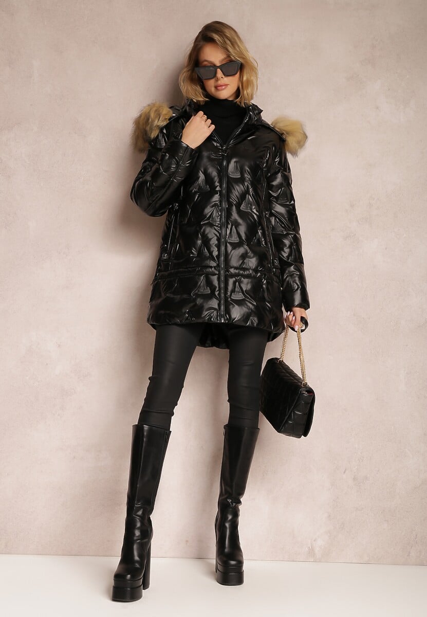 Czarna Kurtka Metaliczna z Futrzanym Kapturem Kajol