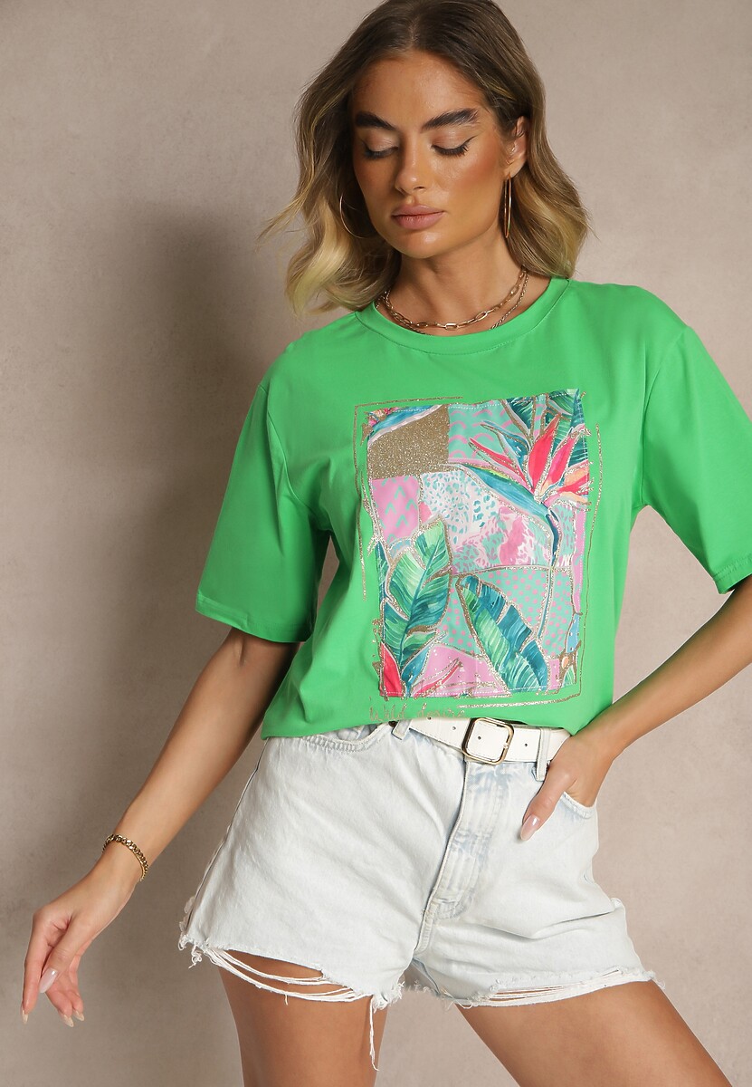 Zielony T-shirt z Bawełny Ozdobiony Brokatem Isadelle