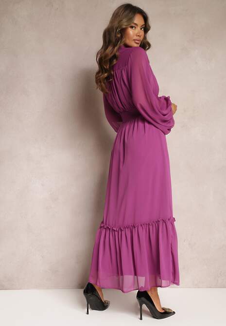 Fioletowa Rozkloszowana Sukienka Maxi ze Stójką i Falbanką Camillene
