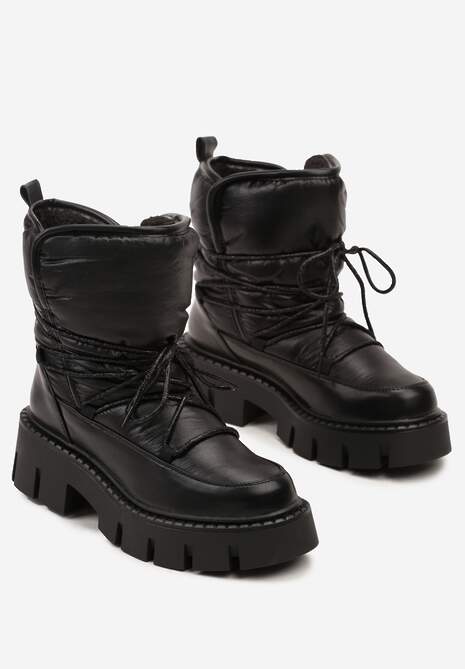 Czarne Sznurowane Śniegowce na Platformie z Tłoczeniem Ozdobione Metaliczną Nicią Batirae