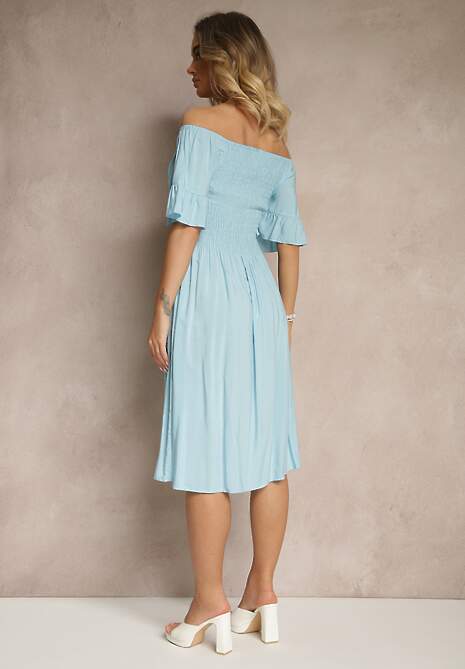 Jasnoniebieska Sukienka Rozkloszowana z Bawełny z Bufkami w Ramionach i Gumkami w Biuście Norlio