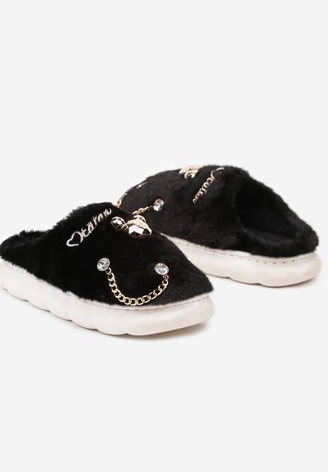 Czarne Kapcie na Płaskiej Podeszwie z Futerkiem Ozdobione Łańcuszkiem i Cyrkoniami Reanivia
