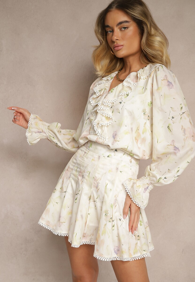 Beżowo-Żółty Komplet z Wiskozy Zdobiony Falbankami Bluzka i Spódnica Neltebis
