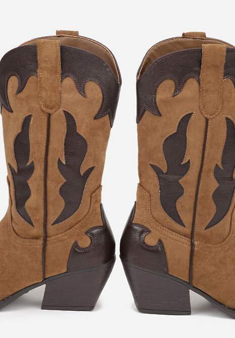 Brązowe Kozaki Kowbojki na Stożku z Tłoczoną Cholewką Avrenne