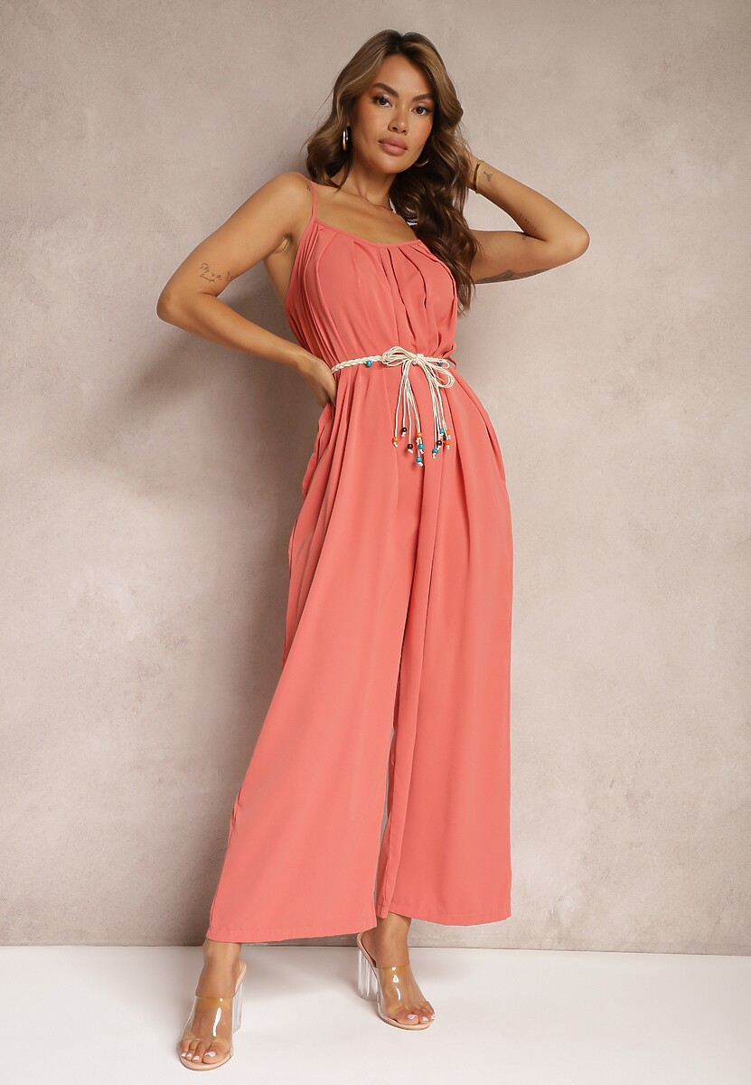 Zielony Kombinezon z Regulowanymi Ramiączkami Wiązany w Talii bez Ramiączek Juletta