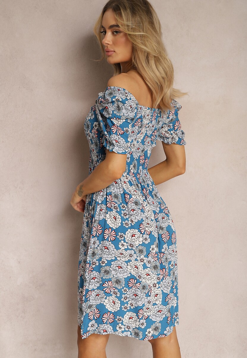 Niebieska Sukienka Midi z Wiskozy w Kwiaty z Kwadratowym Dekoltem i Marszczeniami Nasoria
