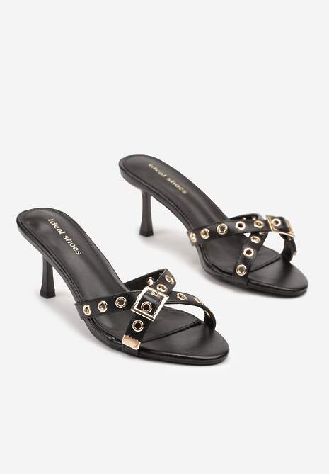 Czarne Klapki na Szpilce z Klamrami i Nitami Eyredis