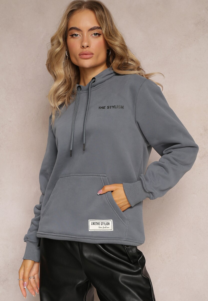 Granatowo-Szara Bluza z Nadrukiem na Tyle i Kapturem oraz Kieszonką Stelletta