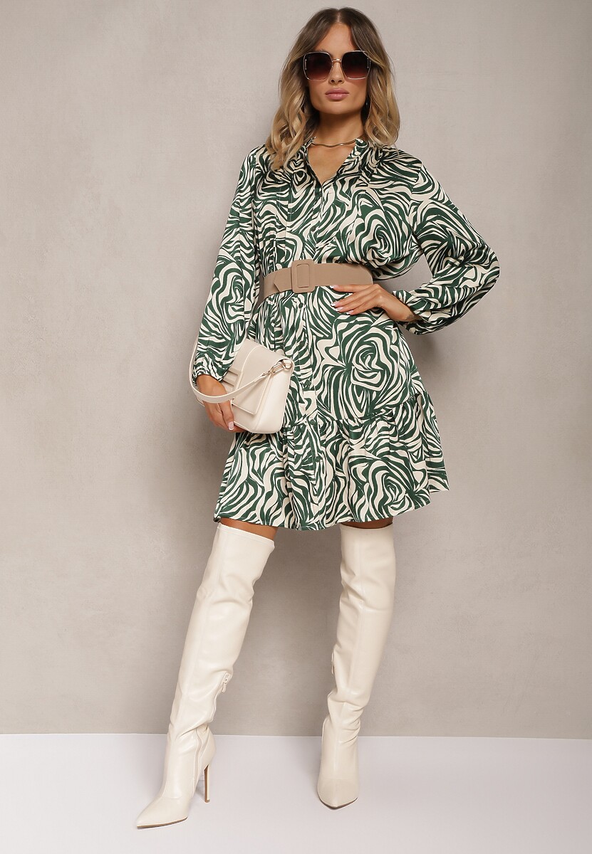 Zielono-Beżowa Rozkloszowana Sukienka Mini w Koszulowym Stylu z Falbanką i Ozdobnym Wzorem Bevina