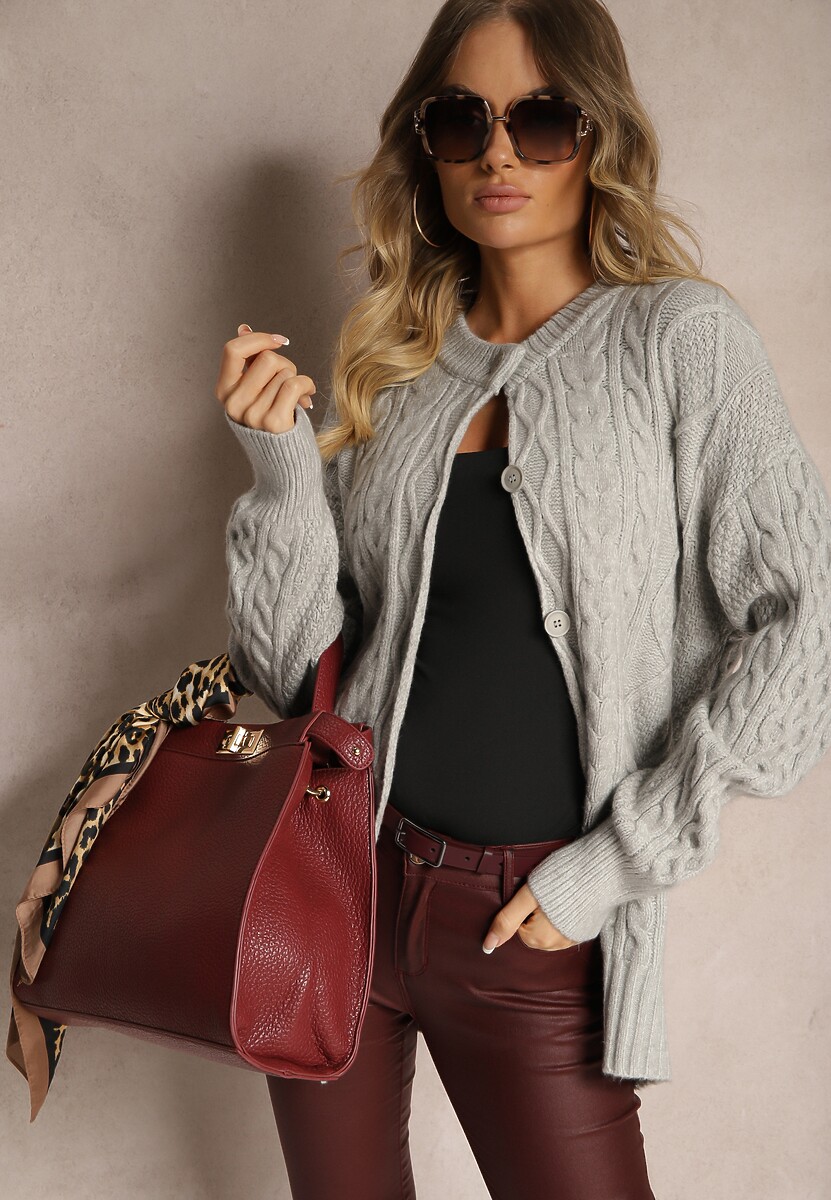 Szary Kardigan na Guziki z Ozdobnym Splotem Alorinda