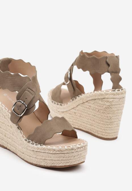 Ciemnozielone Sandały na Koturnie z Juty z Ozdobnymi Paskami Rhexinn