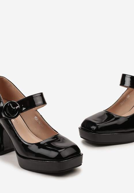 Czarne Lakierowane Czółenka na Obcasie i Platformie z Ozdobną Sprzączką Adlikra