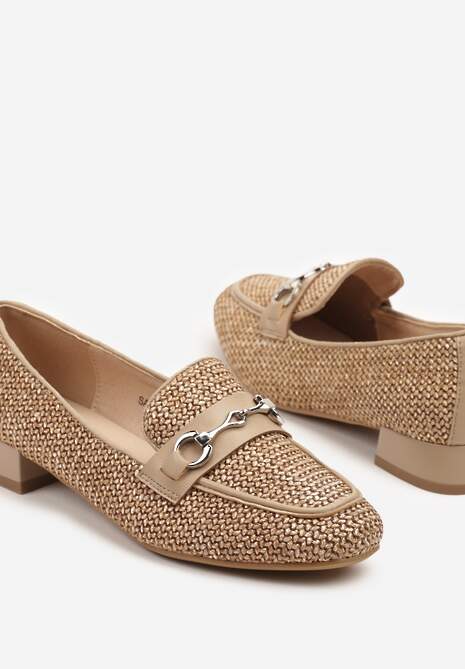 Beżowe Mokasyny z Wkładką ze Skóry Naturalnej Zdobione Plecionką i Aplikacją Falenitia