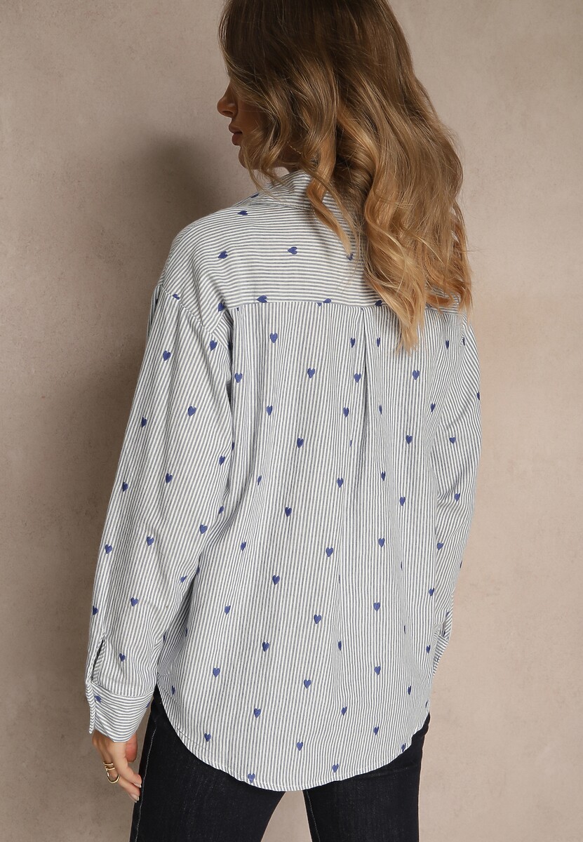 Niebieska Koszula z Bawełny w Serduszka i Drobne Paseczki Fenimalla