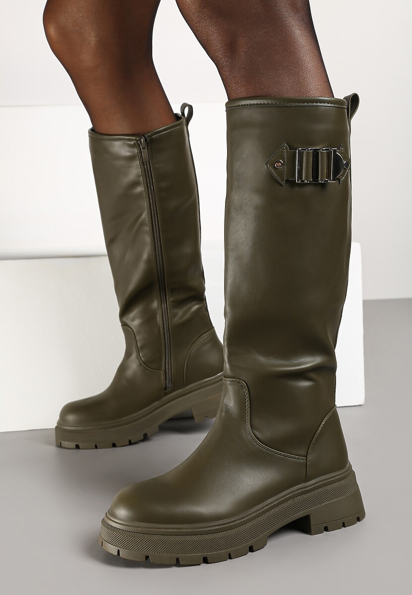 Zielone Kozaki na Płaskiej Podeszwie z Dopasowaną Cholewką z Ekoskóry i Klamrą Bellanor