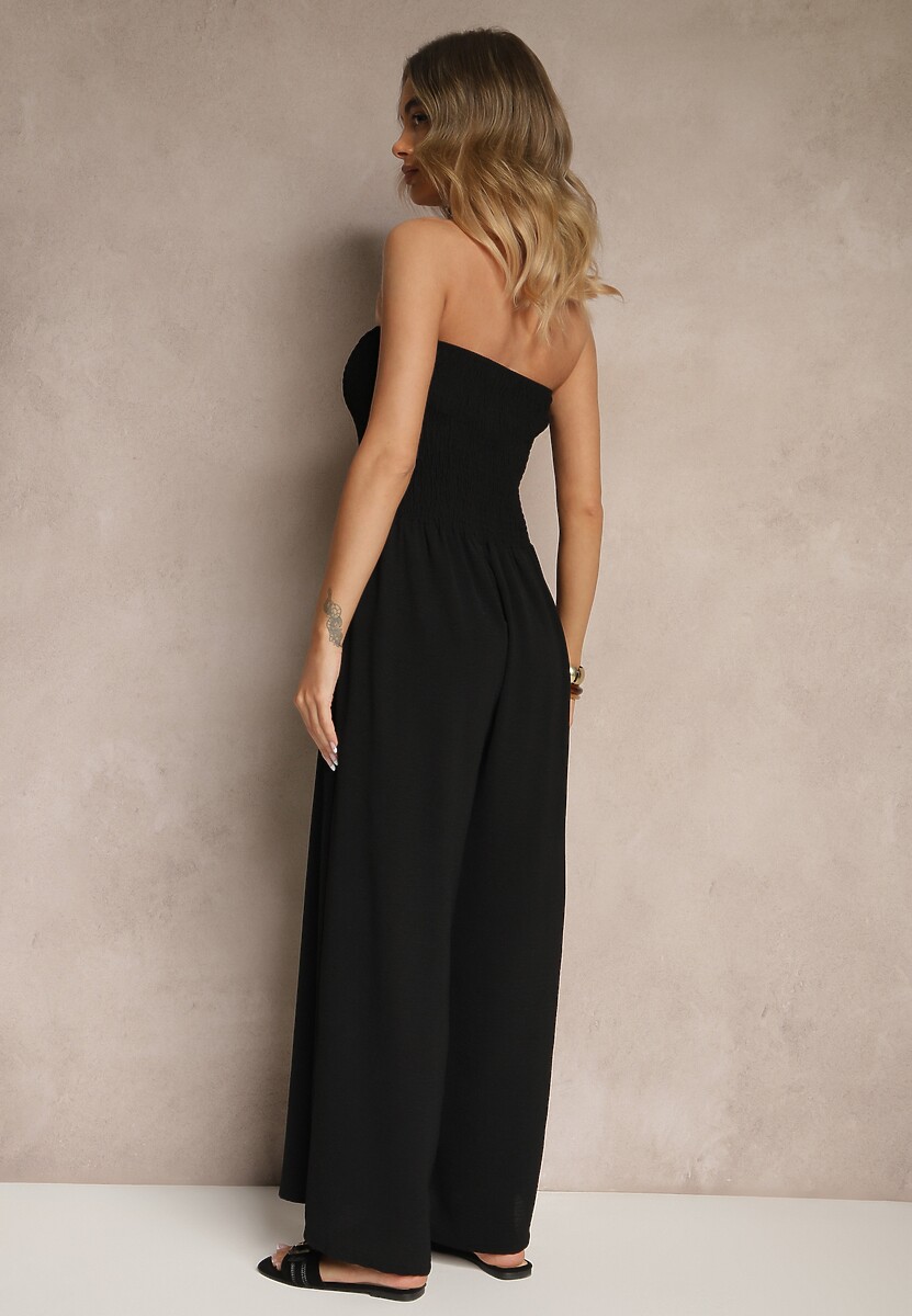 Czarny Kombinezon Bandeau z Szeroką Nogawką Zdobiony Frędzlami Dovaira