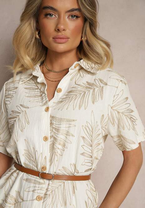 Beżowa Bawełniana Sukienka Koszulowa z Paskiem i Motywem Liści Paredia