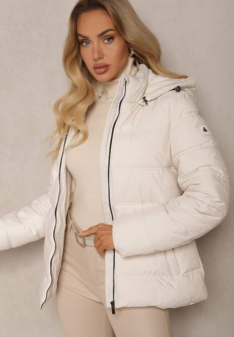 Jasnobeżowa Prosta Kurtka Pikowana z Kapturem z Możliwością Odpięcia Venilora