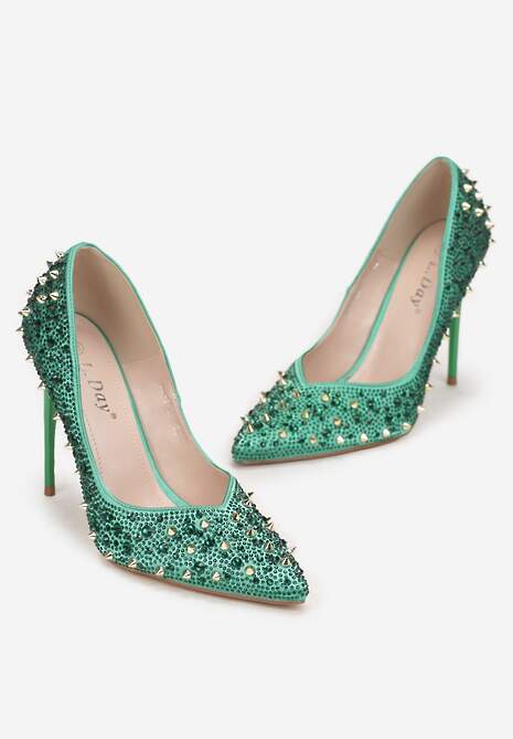 Zielone Szpilki Satynowe z Cyrkoniami Kimi