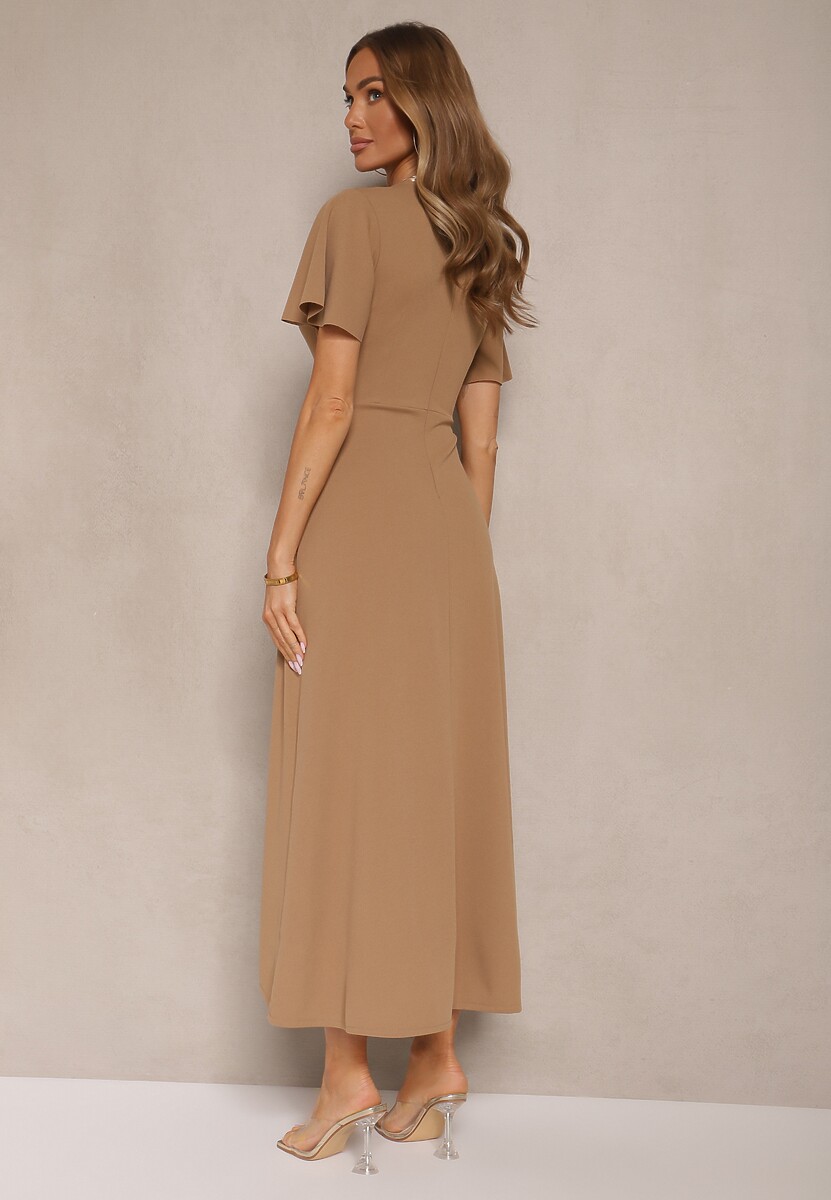 Ciemnobeżowa Sukienka o Rozkloszowanym Kroju z Marszczeniem Odarene