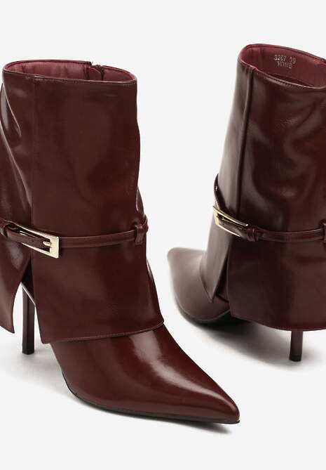 Bordowe Botki na Szpilce Ozdobione Paskiem i Wywiniętą Cholewką Latasea