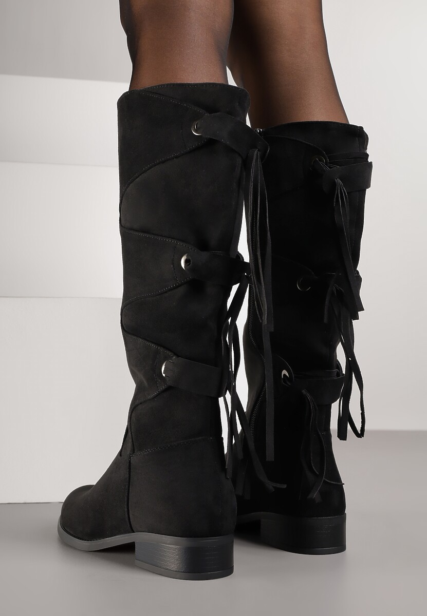 Czarne Ekozamszowe Kozaki z Cholewką Ozdobioną Frędzlami Realenna