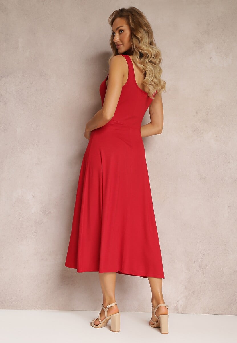 Czerwona Midi Sukienka o Rozkloszowanym Fasonie na Szerokich Ramiączkach z Okrągłym Dekoltem Oversoul